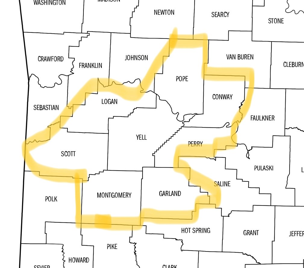 map of Arkansas counties, with highlighting around the following counties: Yell, Scott, Logan, Pope, Conway, Perry, Garland and Montgomery.